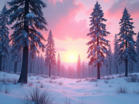 "Snow-covered forest with tall pine trees under a pink sunset sky – tranquil winter scene"