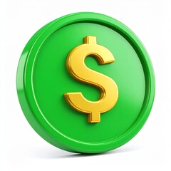 Obraz premium Dollar Currency Symbol on Green Coin 3d icon in cartoon plastic style minimal isolated on white background, clipping path