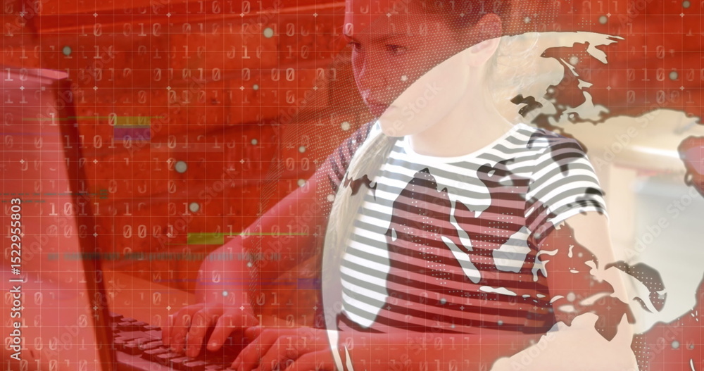 Poster image of globe and data processing over caucasian schoolgirl using computer