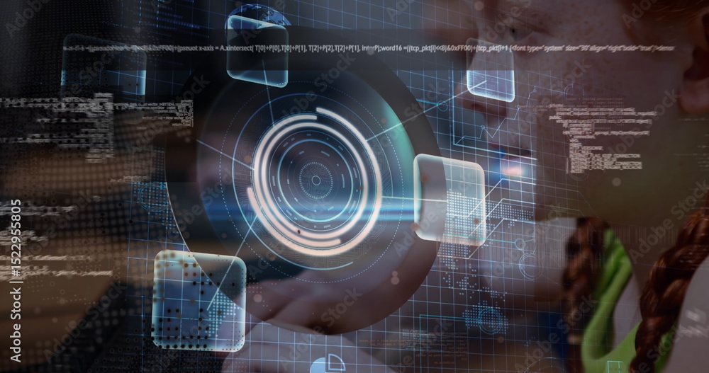 Aufkleber image of data processing and spinning globe against caucasian girl using computer at school