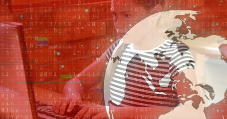 Image of globe and data processing over caucasian schoolgirl using computer