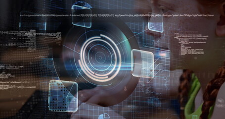 Image of data processing and spinning globe against caucasian girl using computer at school