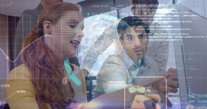 Image of data processing over diverse business people talking