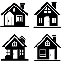 Four Isolated Black and White House Silhouettes Featuring Varied Window and Chimney Designs