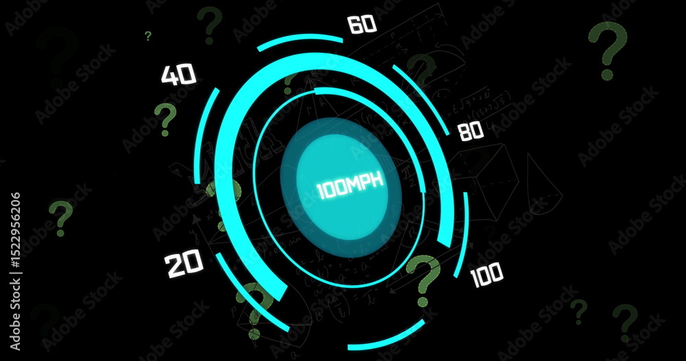 Poster image of question marks over scope scanning with data processing on black background