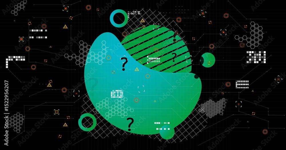 Poster image of shapes with question marks over data processing on black background