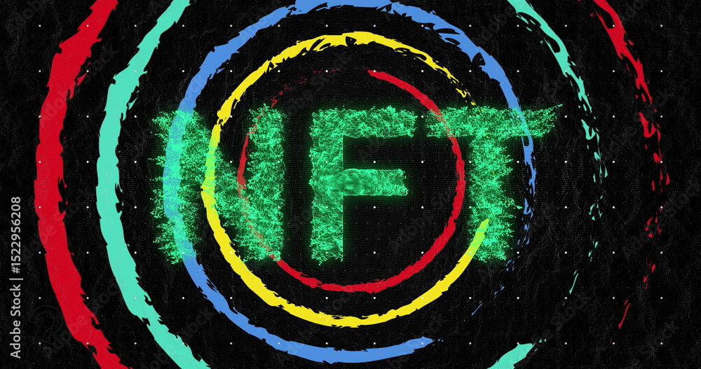 Poster image of nft text over colorful circles on black background