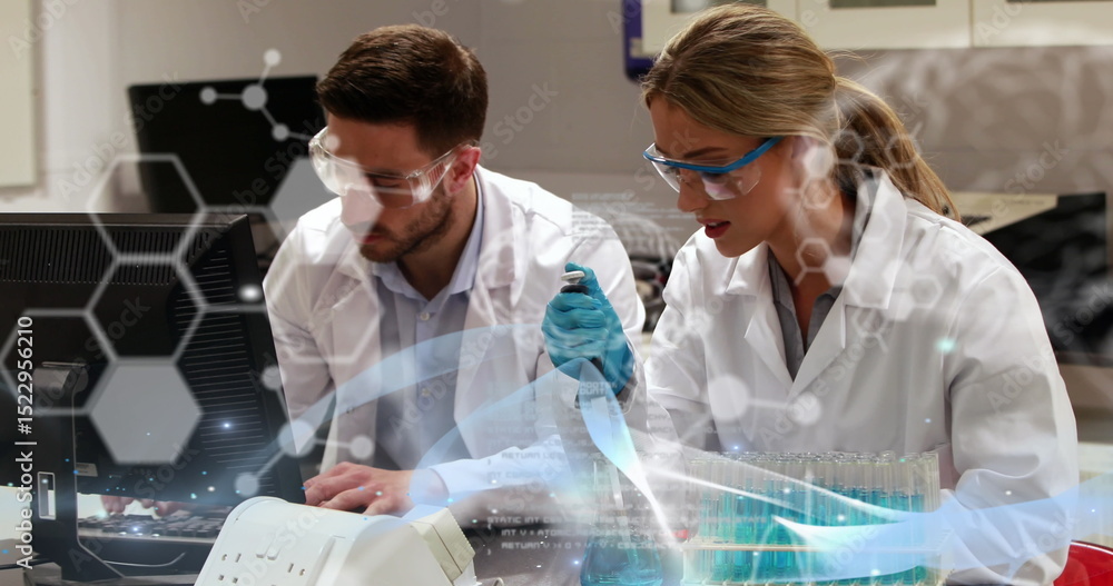 Poster image of data processing over caucasian scientists talking