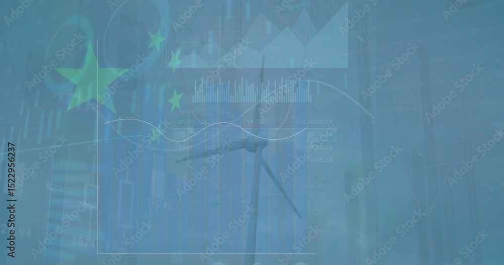 Poster image of data processing over flag of china and wind turbine