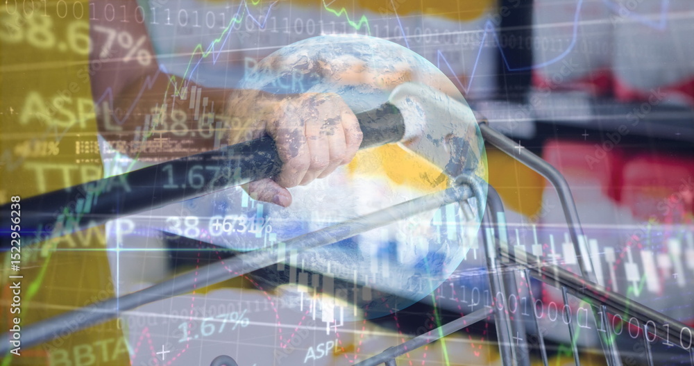 Poster image of data processing over hands holding shopping cart in shop