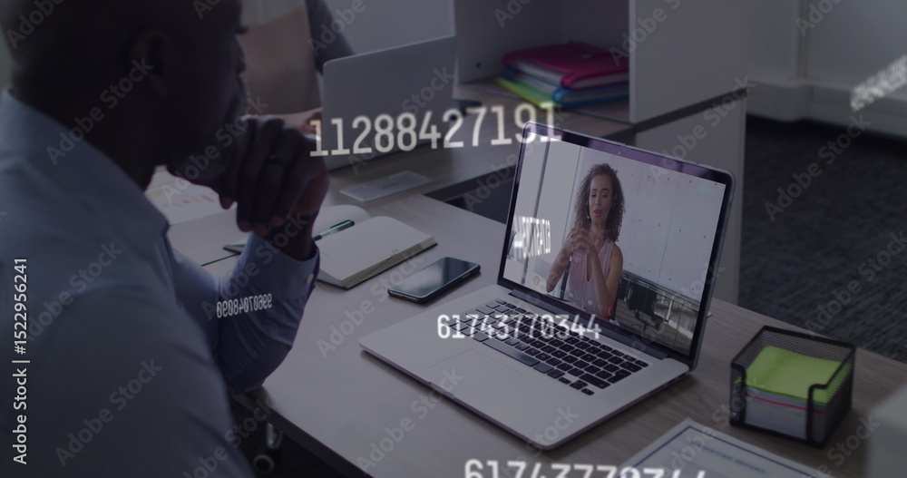 Poster image of numbers processing over businessman using phone headset