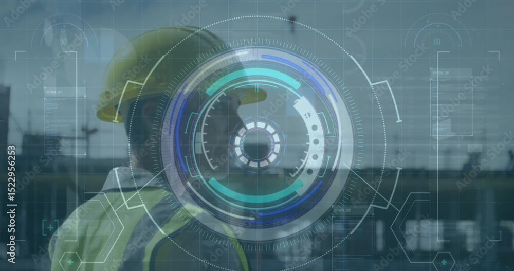 Poster image of scope scanning with data processing over caucasian male worker