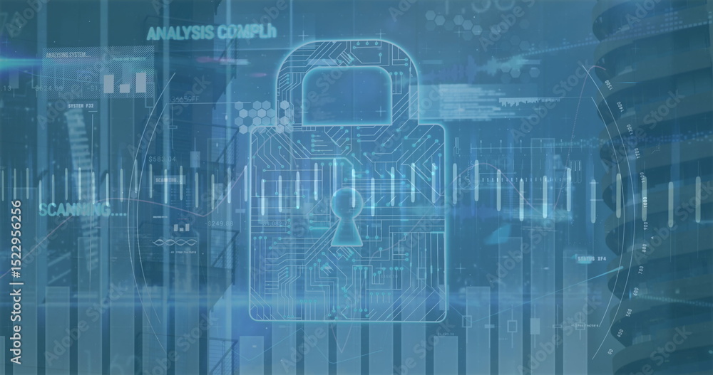 Poster image of scope scanning with data processing and padlock icon over cityscape