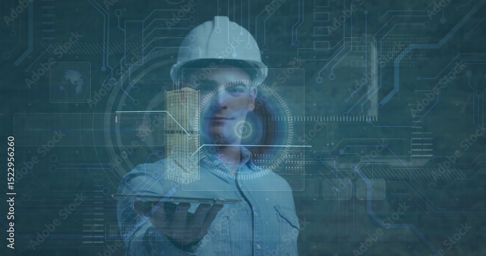 Poster image of scope scanning with data processing and digital plans over caucasian male worker