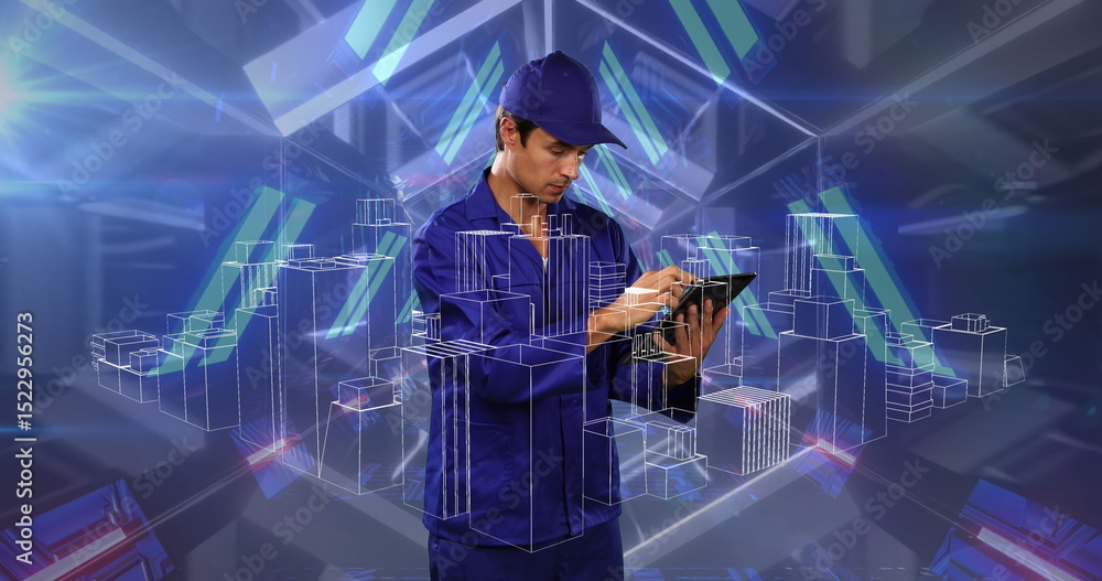 Poster image of data processing and white lines over man wearing vr headset