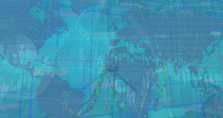 Image of financial data processing over world map