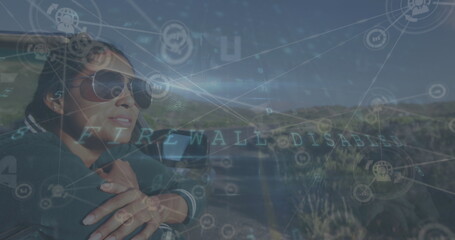 Leaning male wearing sunglasses gazing at road, with car mirror firewall disabled text, copy space