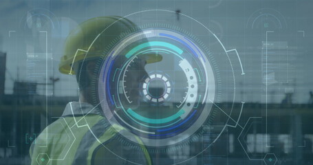 Image of scope scanning with data processing over caucasian male worker