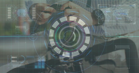 Adjusting mature woman attaching cycling computer on bike handlebars in park with dashboard overlay