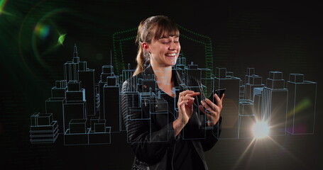 Image of digital city and light trails over caucasian woman using smartphone