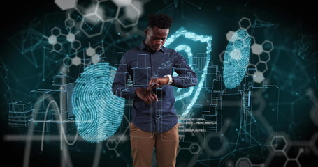 Image of digital city and data processing over african american man using smartwatch