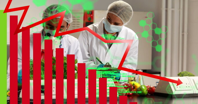 Image of data processing over diverse scientists talking - Powered by Adobe