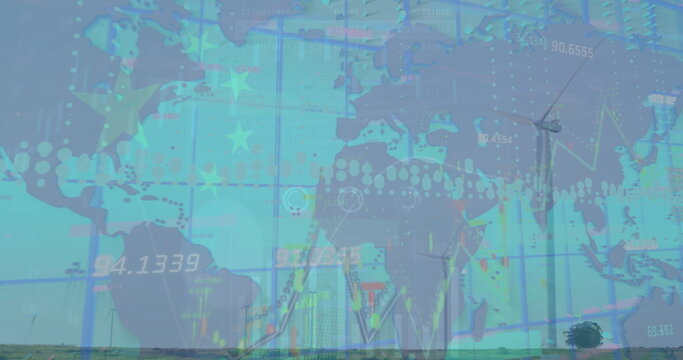 Naklejki Image of data processing over wind turbines, world map and flag of china