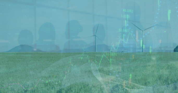 Image of data processing over wind turbine - Powered by Adobe
