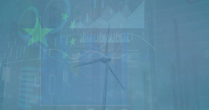 Naklejki Image of data processing over flag of china and wind turbine
