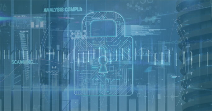 Image of scope scanning with data processing and padlock icon over cityscape
