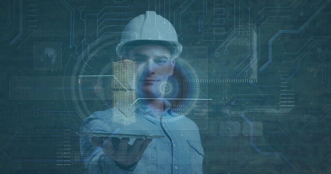 Image of scope scanning with data processing and digital plans over caucasian male worker