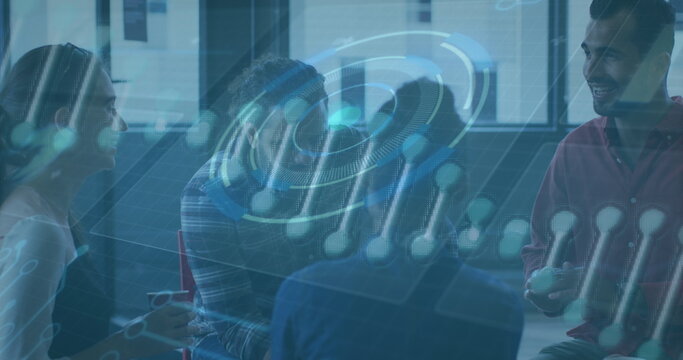 Image of scope scanning with data processing and dna strand over diverse business people