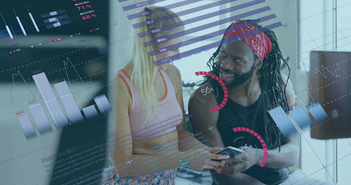 Image of data processing over diverse people using smartphone at gym