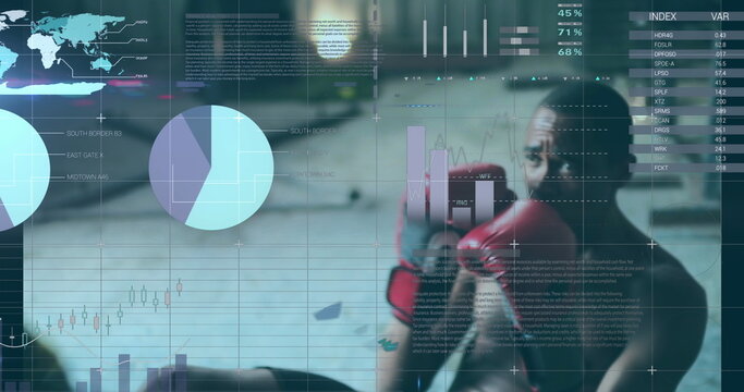 Image of data processing over diverse people boxing at gym