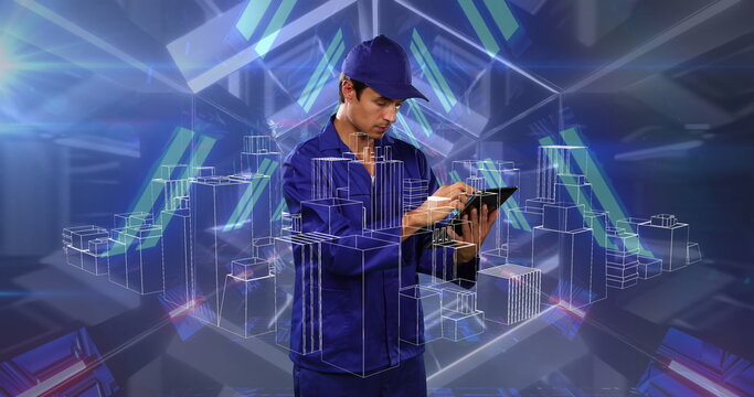 Image of data processing and white lines over man wearing vr headset