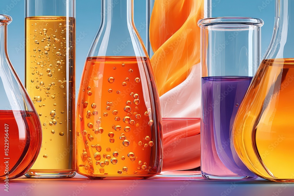 Poster macro view of colorful liquids with bubbles in laboratory glassware