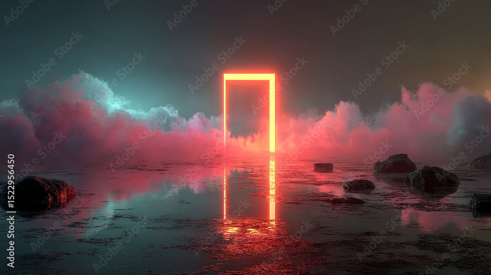Poster neon futuristic door frame with glowing and steam effect. realistic vector illustration set of illum