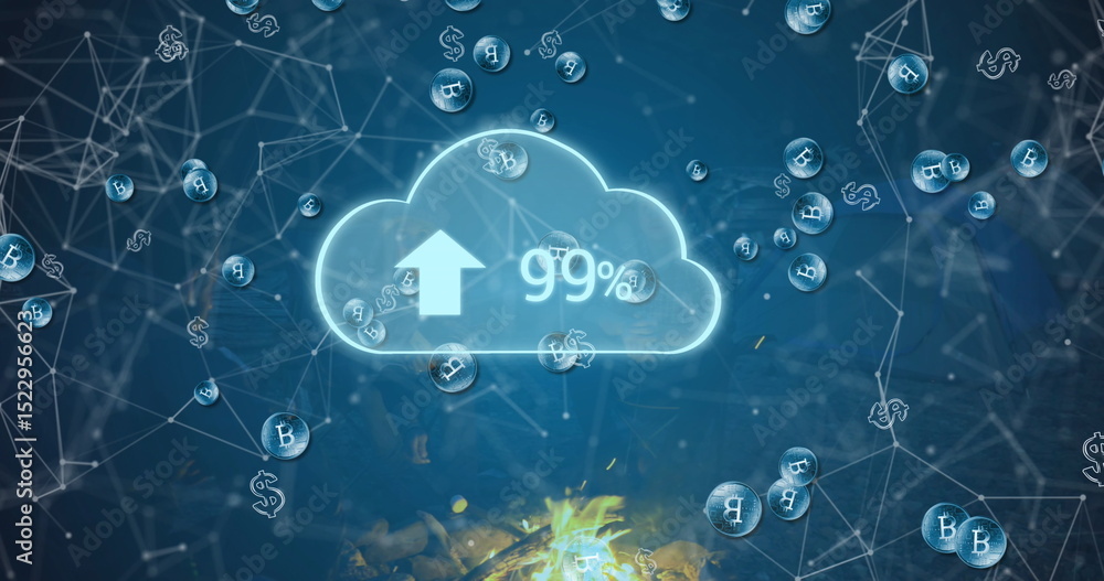 Poster displaying cloud upload icon in digital network with nodes and currency symbols