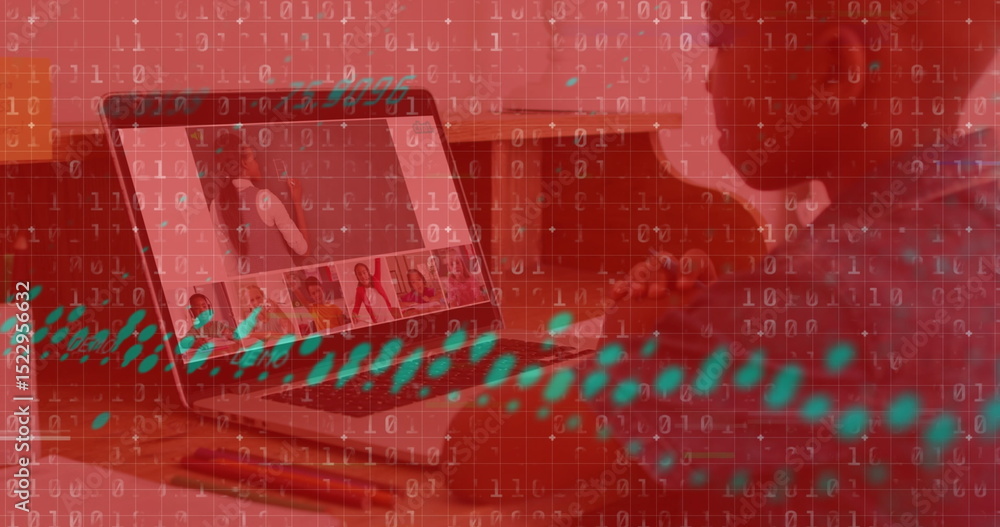 Poster image of graphs and binary code over african american boy having online lessons on laptop