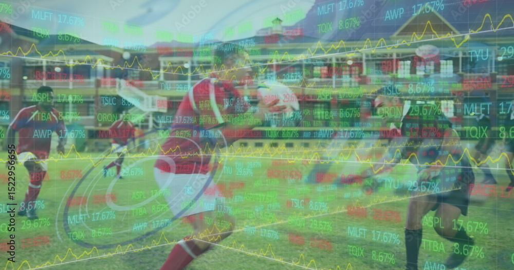 Poster image of data processing and scope scanning over diverse rugby players at stadium