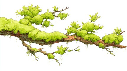 A detailed illustration of a tree branch covered in lush green moss and small leafy growths, set against a white background.