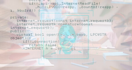 Children in casual tops writing in notebooks at school desk, with floating holographic interface