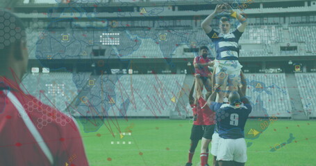 Image of data processing and world map over diverse rugby players at stadium