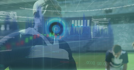 Image of data processing and scope scanning over diverse rugby players at stadium