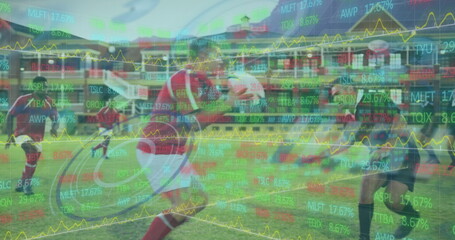 Image of data processing and scope scanning over diverse rugby players at stadium