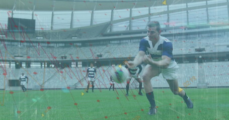 Image of data processing over diverse rugby players at stadium