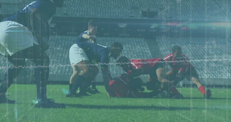 Image of data processing and rugby players over sports stadium