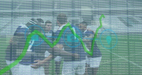 Image of data processing and icons over diverse rugby players at stadium