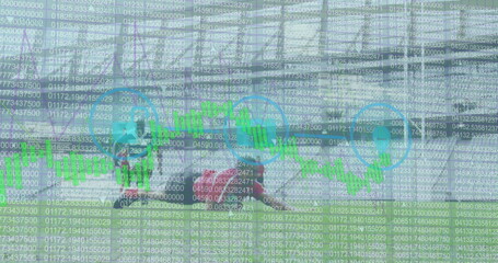 Image of data processing and icons over diverse rugby players at stadium