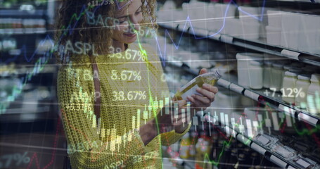 Image of financial data processing over caucasian women shopping